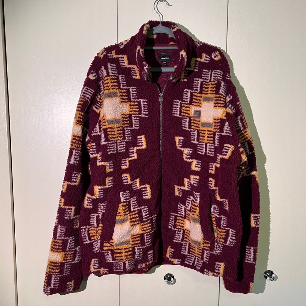 Brixton Southwest Burgundy and Yellow Patterned Fleece Zip Jacket - Like New
